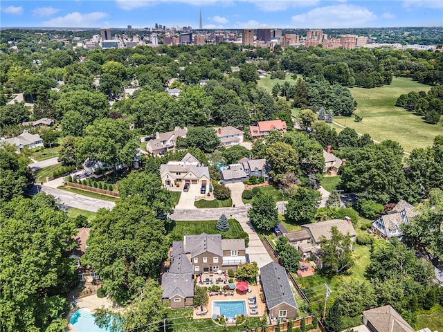 821 W 54th Ter, Kansas City, MO 64112 - aerial view of property's location featuring a pool and a tree filled landscape