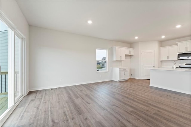 unfurnished living room featuring light hardwood / wood-style floors, a healthy amount of sunlight, and sink