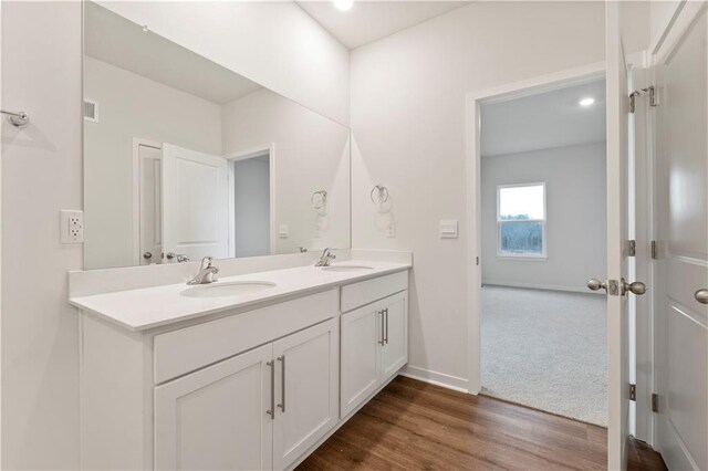 bathroom featuring hardwood / wood-style flooring and vanity