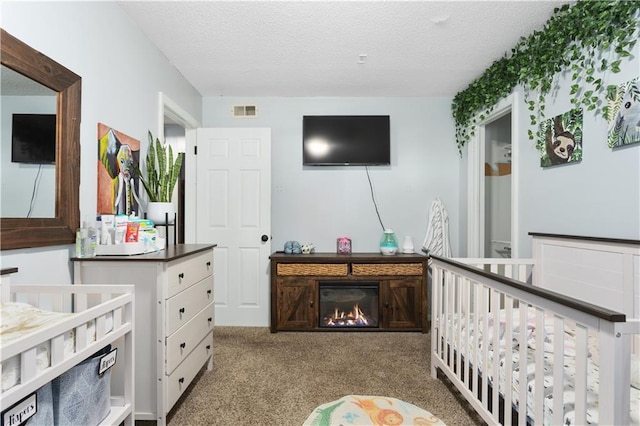 carpeted bedroom with a textured ceiling and a nursery area