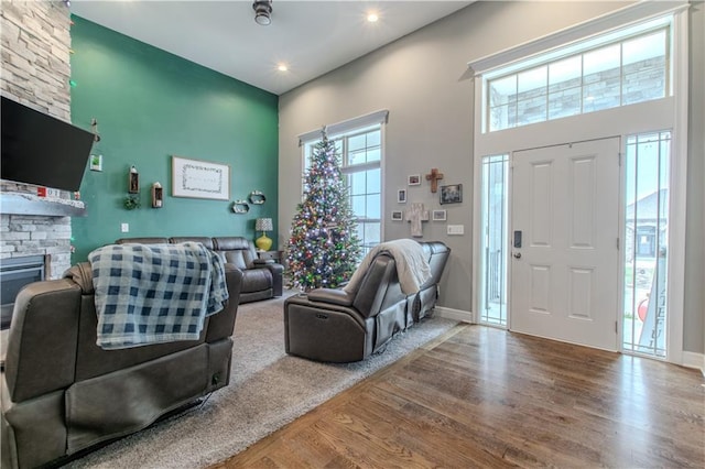 living room featuring a stone fireplace and hardwood / wood-style floors