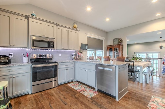 kitchen featuring kitchen peninsula, dark hardwood / wood-style flooring, stainless steel appliances, and sink