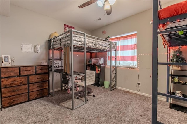 carpeted bedroom featuring ceiling fan