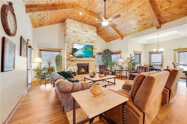 living room featuring a fireplace, high vaulted ceiling, wooden ceiling, and ceiling fan with notable chandelier