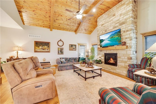 living room with beam ceiling, wood ceiling, a fireplace, and a wealth of natural light