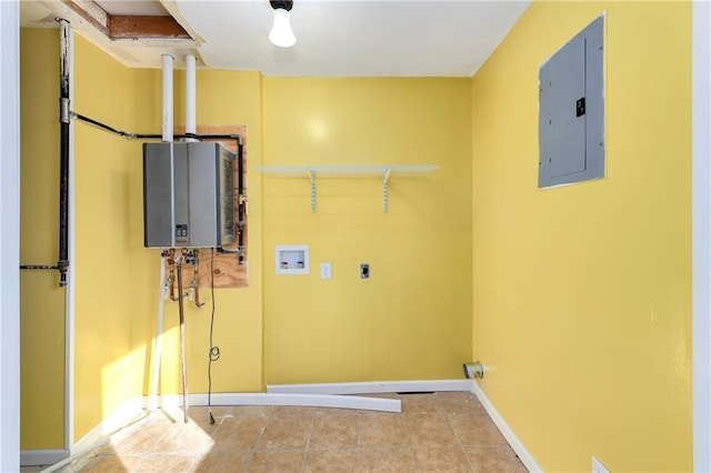 laundry area with hookup for an electric dryer, washer hookup, tile patterned floors, water heater, and electric panel