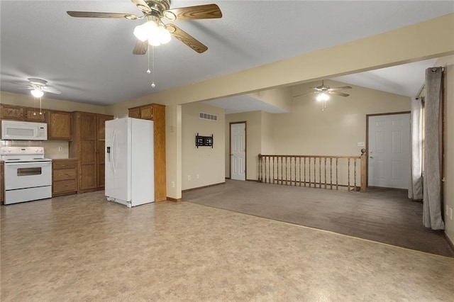 kitchen featuring lofted ceiling with beams, white appliances, tasteful backsplash, and ceiling fan