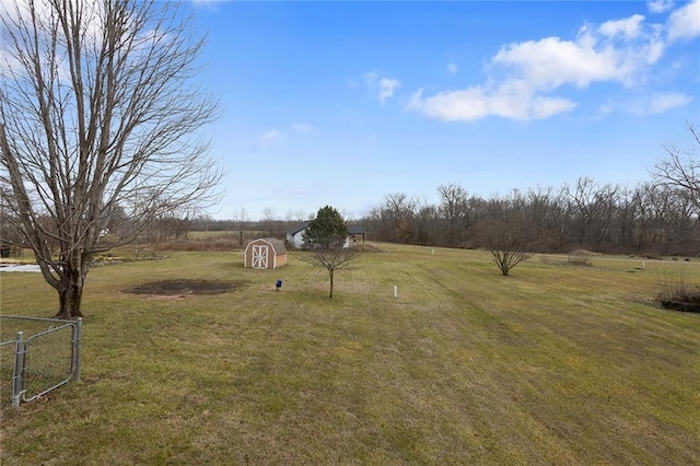 view of yard with a rural view and a storage unit