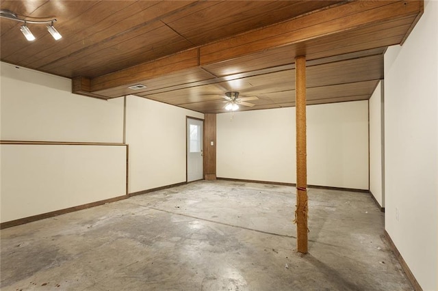 basement with ceiling fan and wooden ceiling