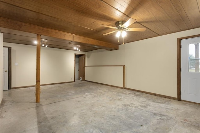 basement with ceiling fan and wood ceiling