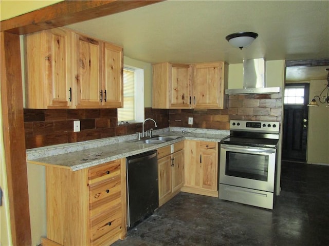 kitchen with dishwasher, light brown cabinets, stainless steel electric range oven, and wall chimney range hood