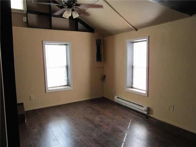 unfurnished room with a baseboard radiator, a ceiling fan, hardwood / wood-style floors, and vaulted ceiling