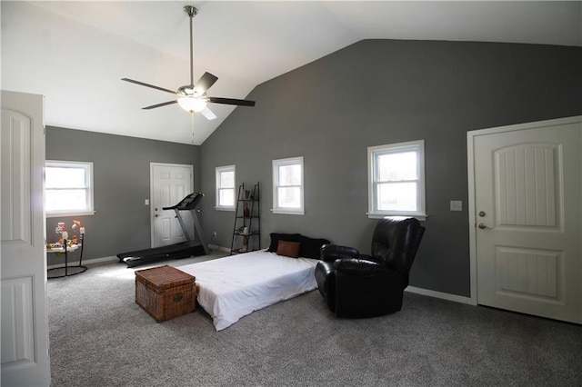 carpeted bedroom with high vaulted ceiling, multiple windows, and baseboards