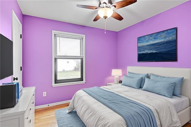 bedroom with ceiling fan and light hardwood / wood-style floors