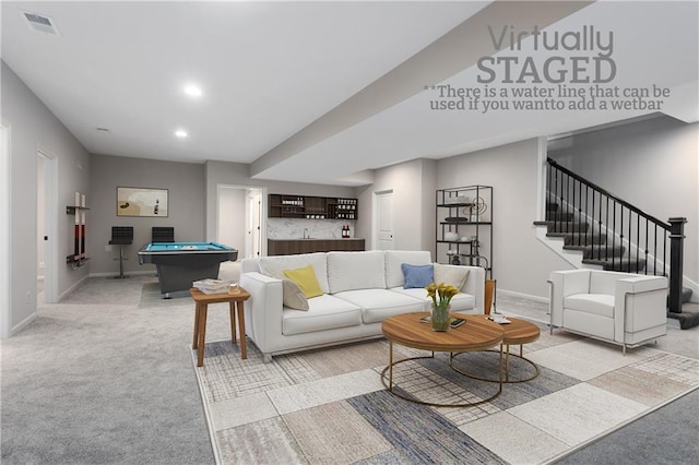 living room featuring billiards, baseboards, recessed lighting, stairs, and light carpet