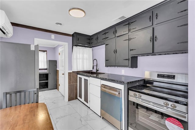 kitchen featuring crown molding, sink, dark stone countertops, appliances with stainless steel finishes, and a wall mounted AC