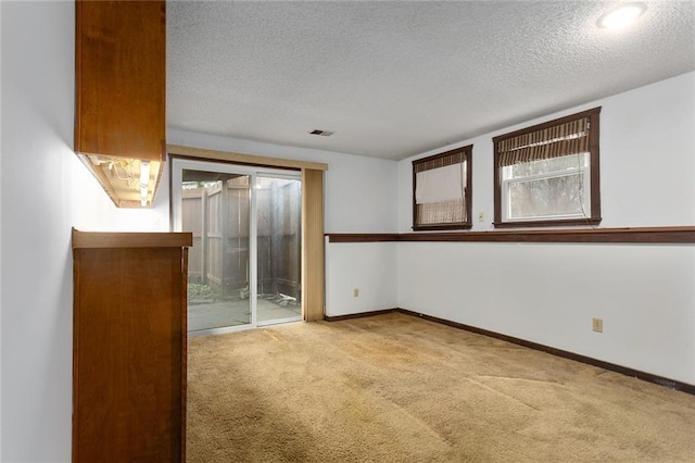 empty room featuring light carpet and a textured ceiling