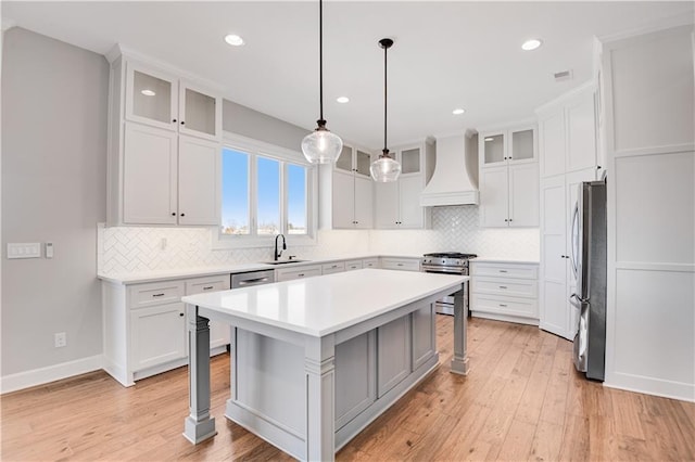 kitchen featuring white cabinetry, sink, custom range hood, and appliances with stainless steel finishes