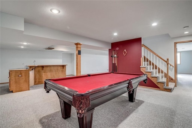 recreation room featuring bar area, light colored carpet, and pool table