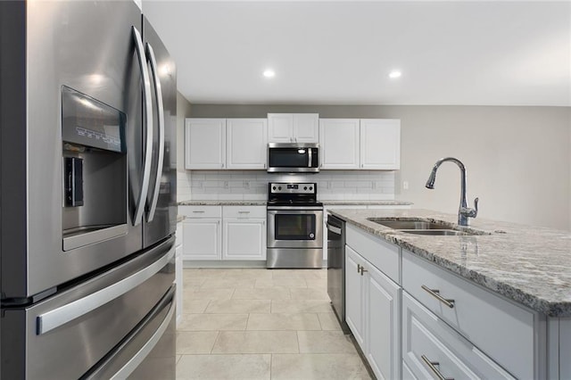 kitchen featuring a center island with sink, white cabinets, appliances with stainless steel finishes, a sink, and backsplash