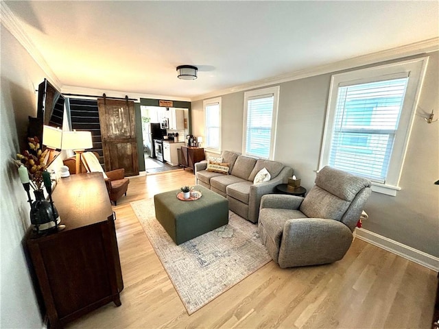 living room with a barn door, crown molding, and light hardwood / wood-style flooring