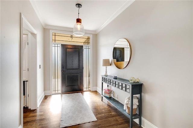 entryway with crown molding and dark wood-type flooring