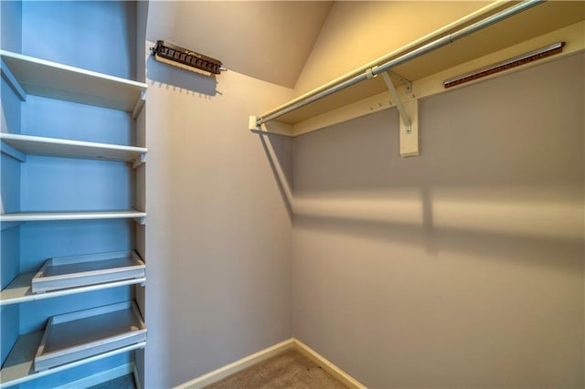 walk in closet featuring carpet flooring and lofted ceiling