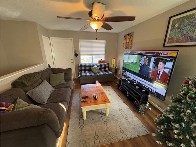 living room with ceiling fan and hardwood / wood-style floors