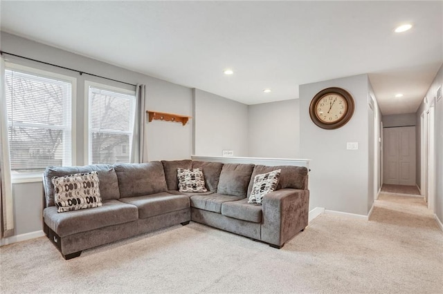 living room with light colored carpet