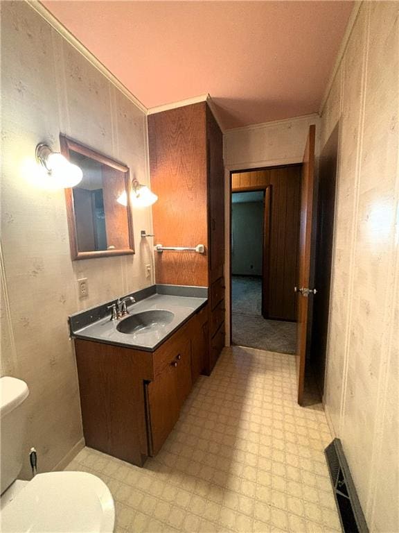 bathroom with vanity, wooden walls, toilet, and ornamental molding