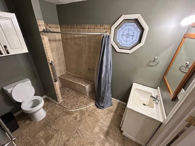 bathroom with vanity, curtained shower, and toilet