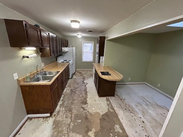 kitchen featuring butcher block counters, sink, dark brown cabinetry, and range with electric cooktop