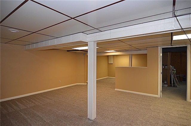 basement with a paneled ceiling and carpet floors