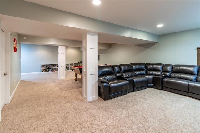 carpeted living room featuring pool table