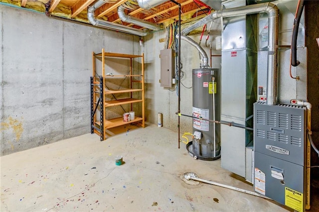 basement with electric panel and water heater