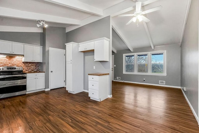 kitchen with backsplash, ceiling fan, beam ceiling, electric range, and white cabinetry