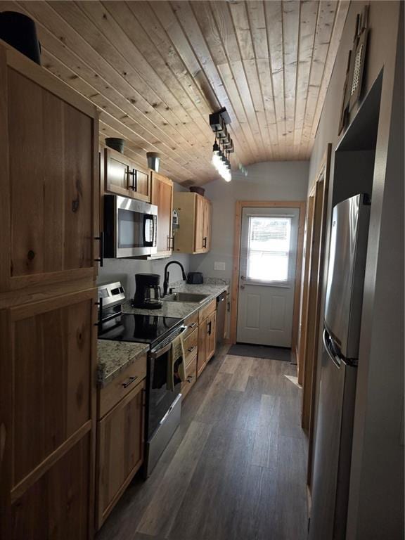 kitchen featuring sink, dark hardwood / wood-style floors, light stone countertops, appliances with stainless steel finishes, and wood ceiling