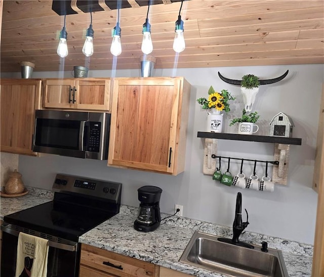 kitchen with sink, stainless steel appliances, hanging light fixtures, and wood ceiling