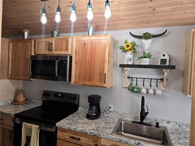 kitchen featuring light stone countertops, appliances with stainless steel finishes, sink, and wood ceiling