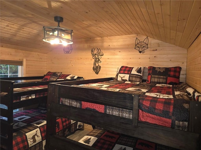 bedroom featuring wood ceiling, wooden walls, and vaulted ceiling