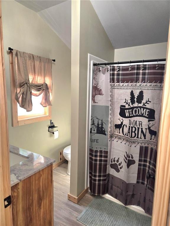 bathroom with hardwood / wood-style flooring, toilet, and lofted ceiling