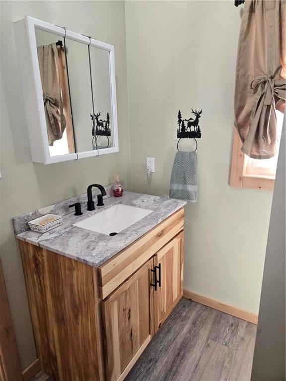 bathroom with wood-type flooring and vanity