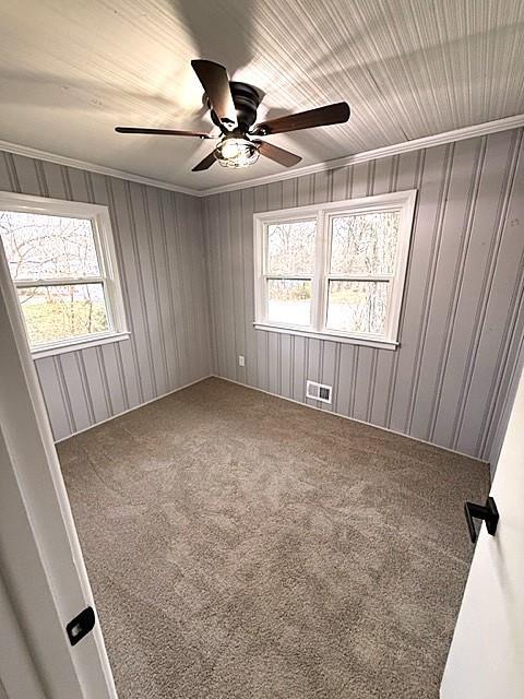 carpeted empty room with ceiling fan and crown molding