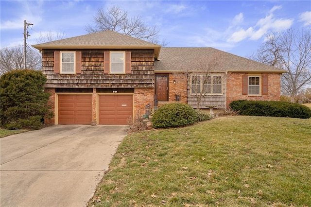 tri-level home with a garage and a front lawn