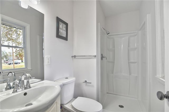 bathroom with vanity, toilet, and walk in shower