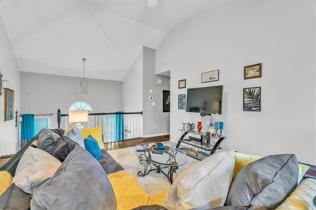 living room featuring wood-type flooring and lofted ceiling