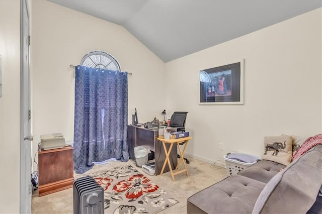 office with carpet floors and lofted ceiling