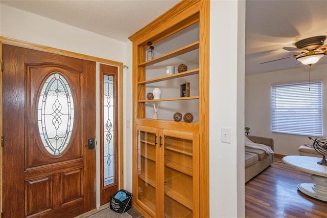 entryway with dark wood-type flooring, a wealth of natural light, and ceiling fan