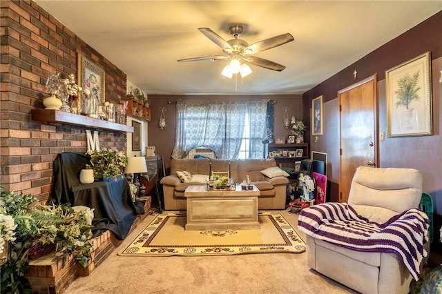 carpeted living room with ceiling fan