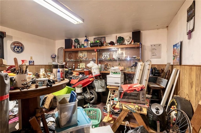 miscellaneous room featuring wood walls